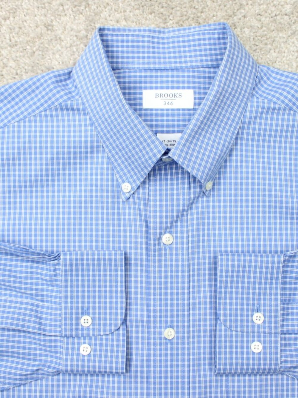 Brooks Brothers 346 Shirt Mens 17, 34/35 Blue Non-Iron 100% Cotton Long Sleeve